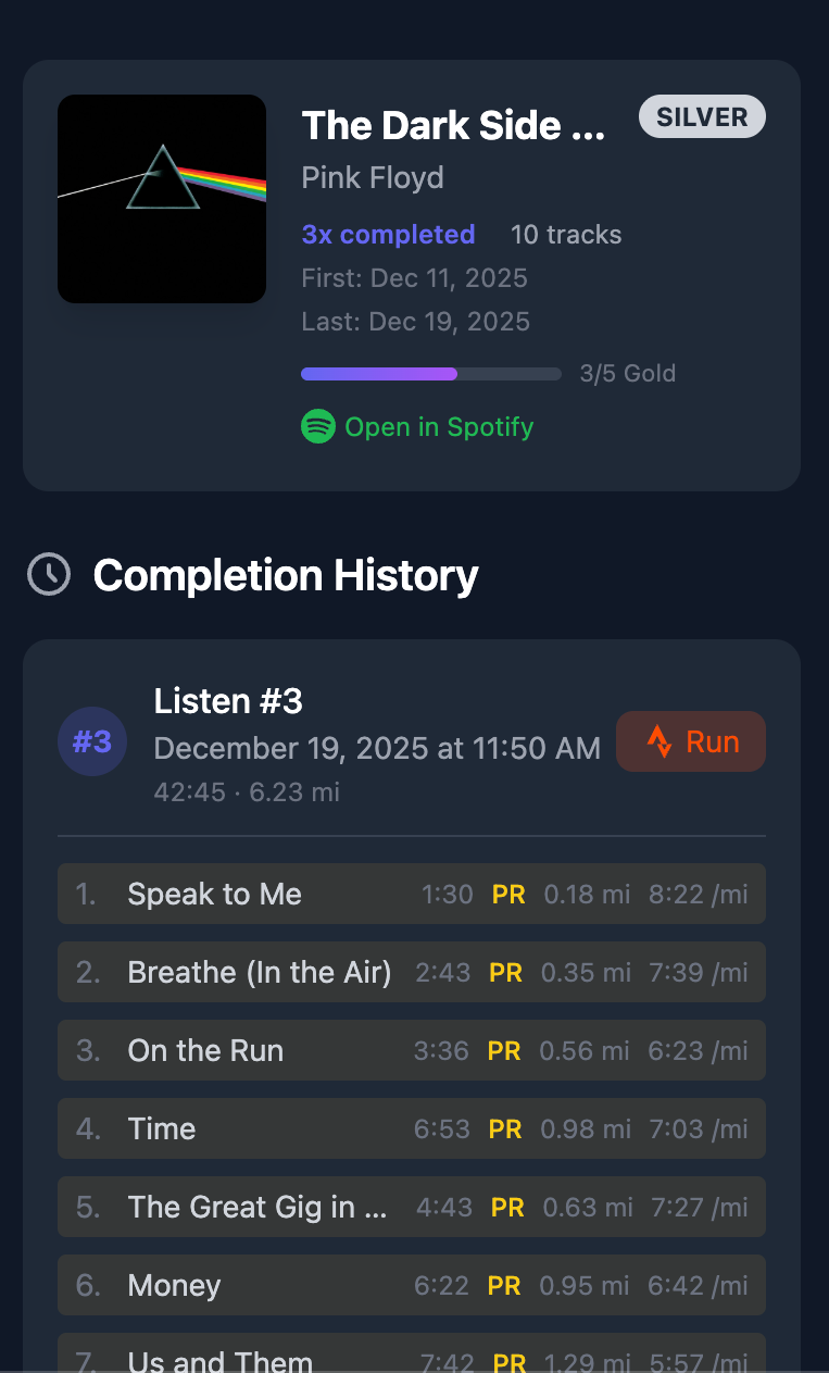Album detail page showing per-track performance data and PRs