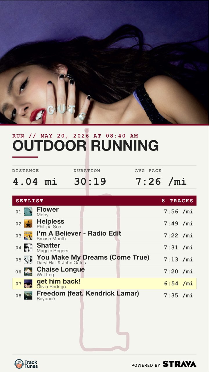 A TrackTunes share card: album art, run stats and an eight-song setlist with pace per song
